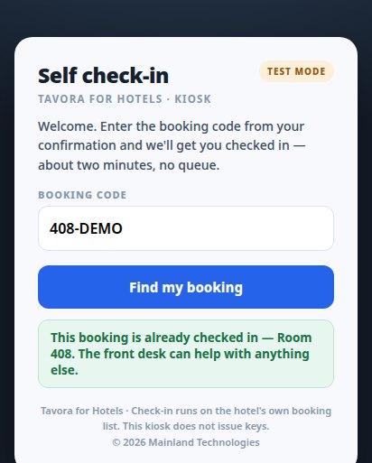 Tavora self check-in kiosk welcome screen with a booking code entered and a note that the kiosk does not issue keys